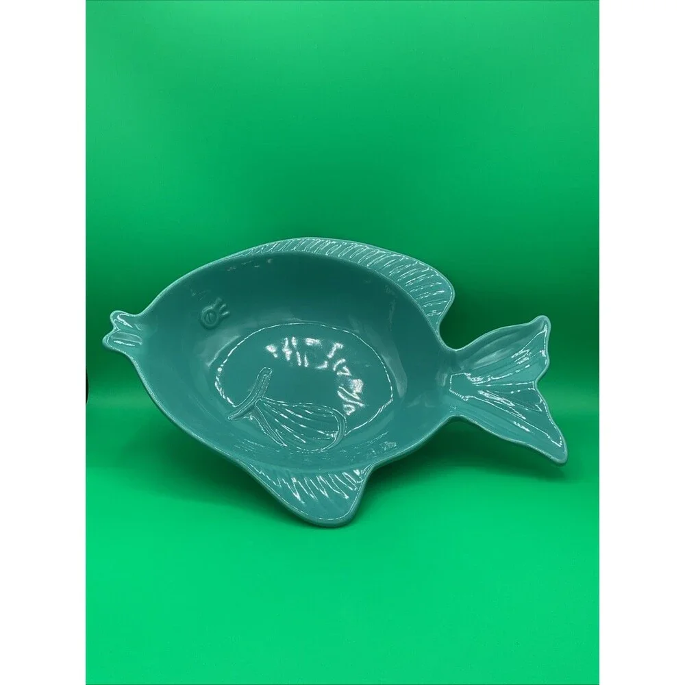 Ceramic Stoneware,TURQUOISE color 14”x 10”x 3.25” Fish Serving Tray,EUC